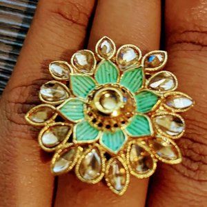 Mint Green Jeweled Flower Gold Ring One Size Fits All🍀